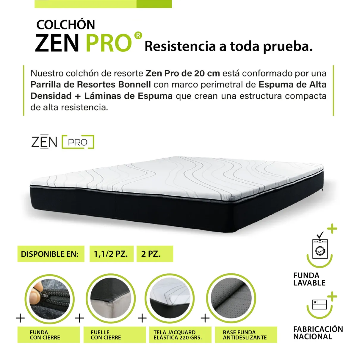 LATAM HOME - Colchon Zen Pro 1 1/2 Plaza Resortes - Funda Lavable