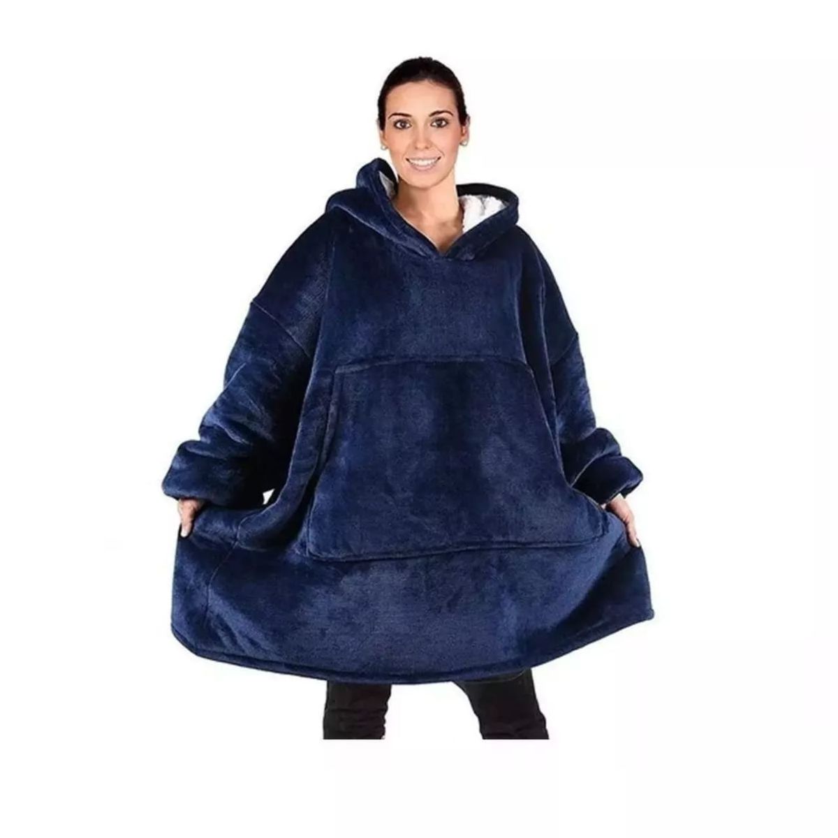 MOVI - Polerón Sherpa Con Capucha Tipo Huggle Talla Unica AZUL NEGRO GRIS