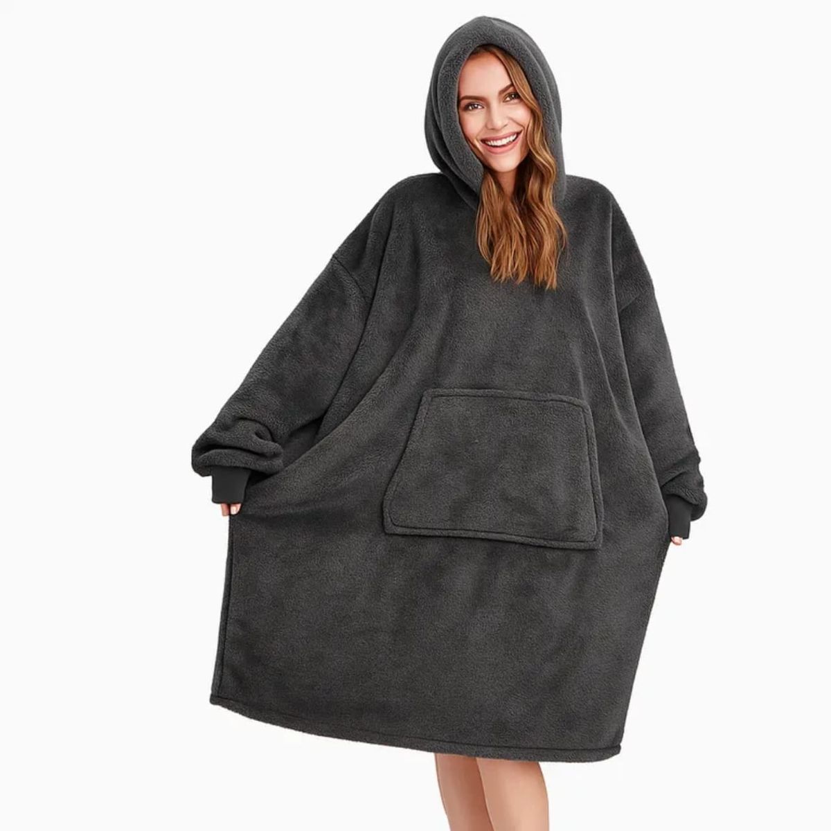 MOVI - Polerón Sherpa Con Capucha Tipo Huggle Talla Unica AZUL NEGRO GRIS