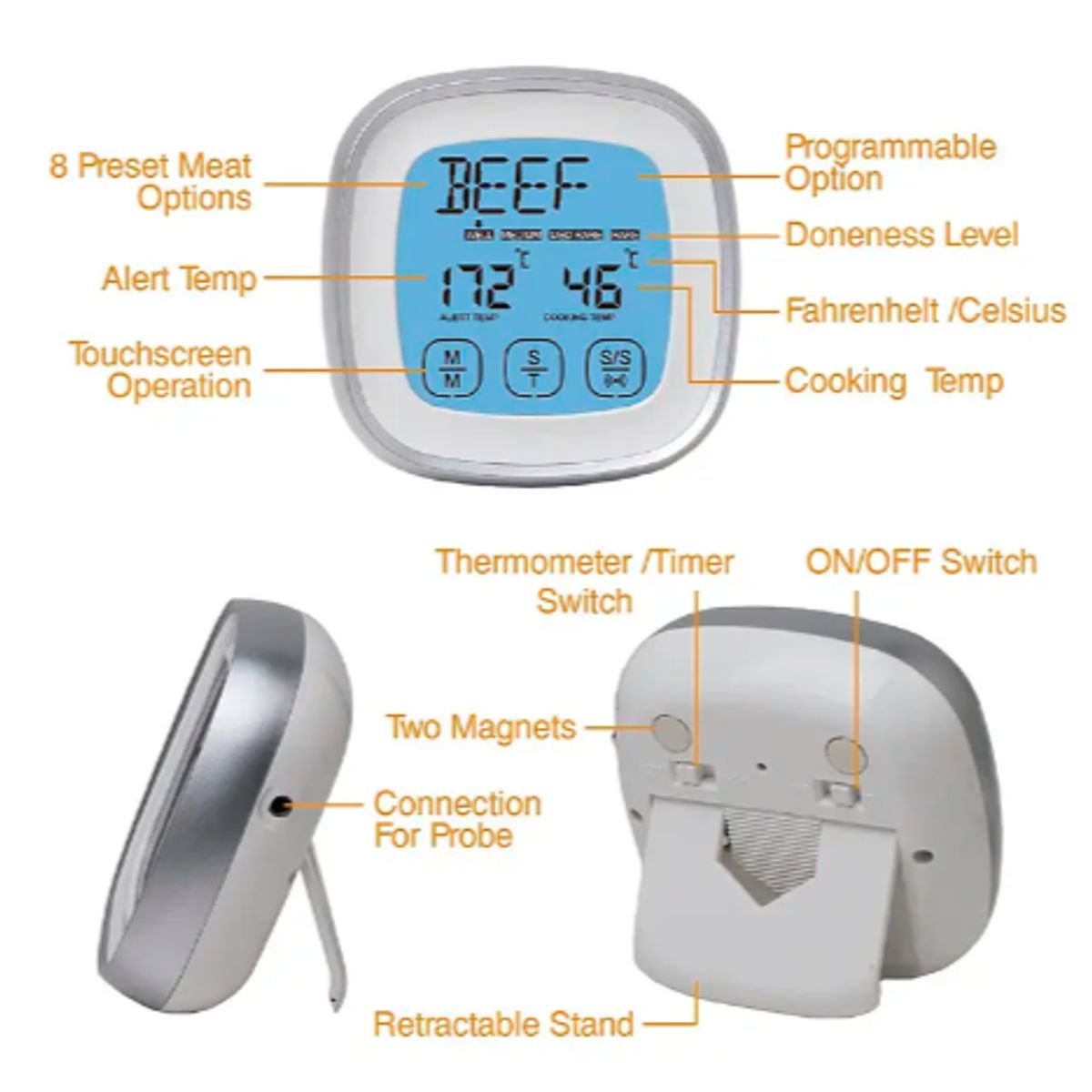GENERICO - Termómetro Temporizador Digital Para Carnes Asado Parrilla A Pilas