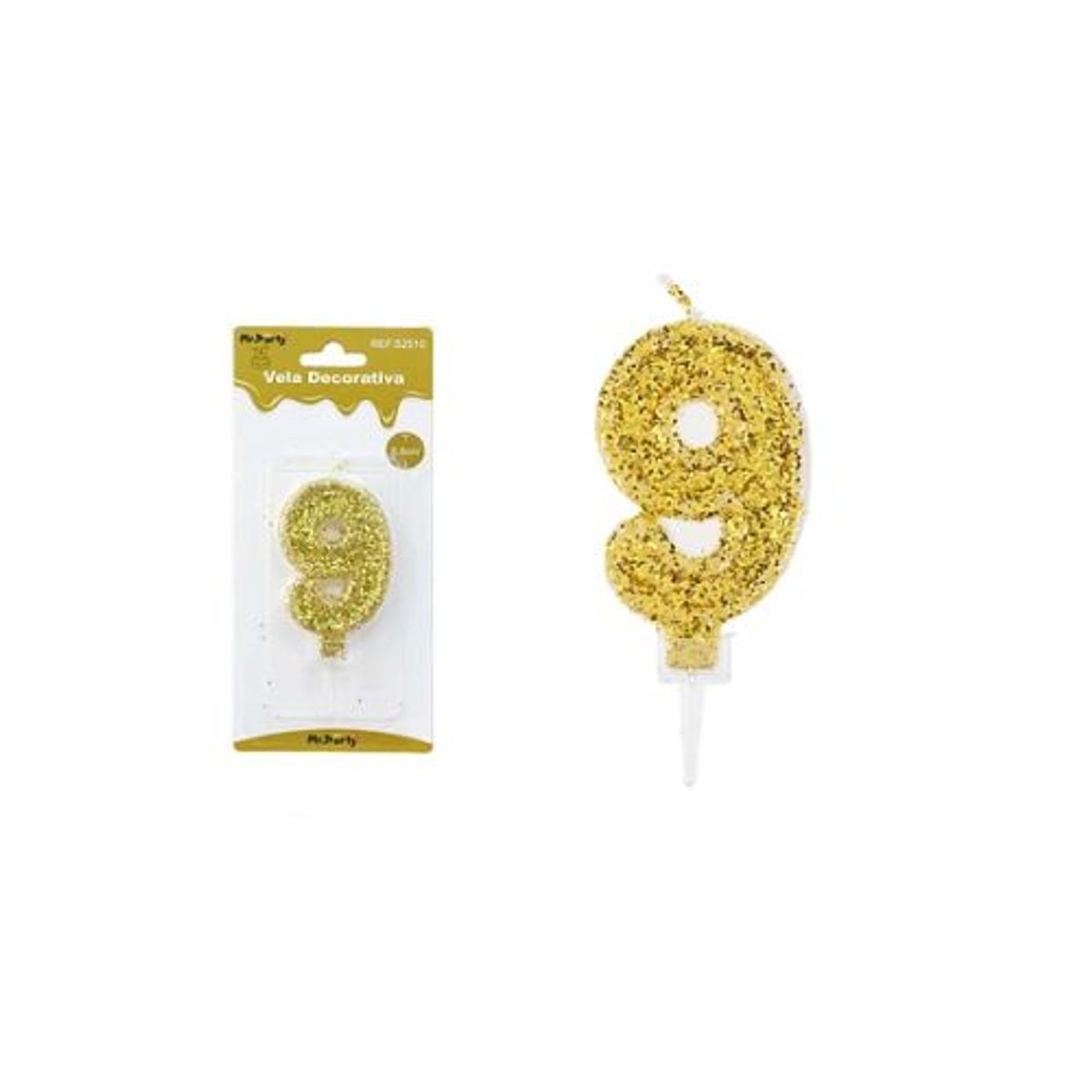 GENERICO - Vela de número 9 dorado con brillo 5.5cm