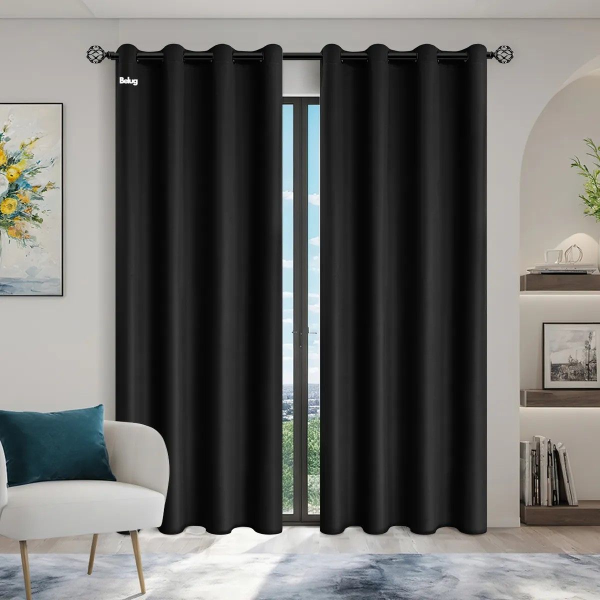 GENERICO - 2 Paños Cortinas Blackout Engomada Tela Fresca NEGRO BELUG