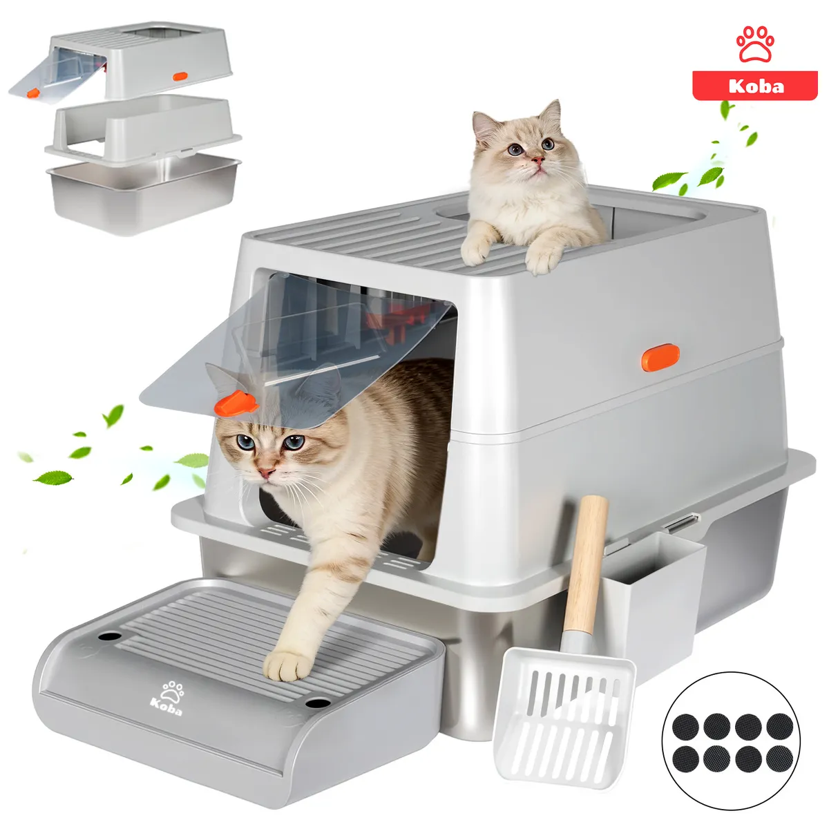 KOBA - Set Arenero Gato Extragrande Baño Sanitario Michi Acero Inox Gris