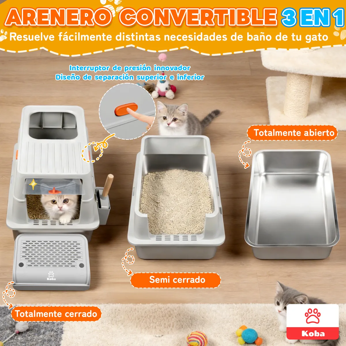 KOBA - Set Arenero Gato Extragrande Baño Sanitario Michi Acero Inox Gris