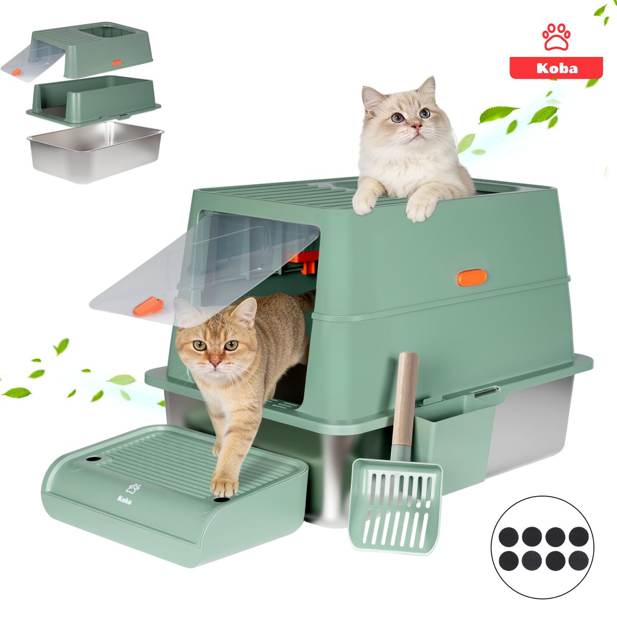 KOBA - Set Arenero Gato Extragrande Baño Sanitario Michi Acero Inox Verde