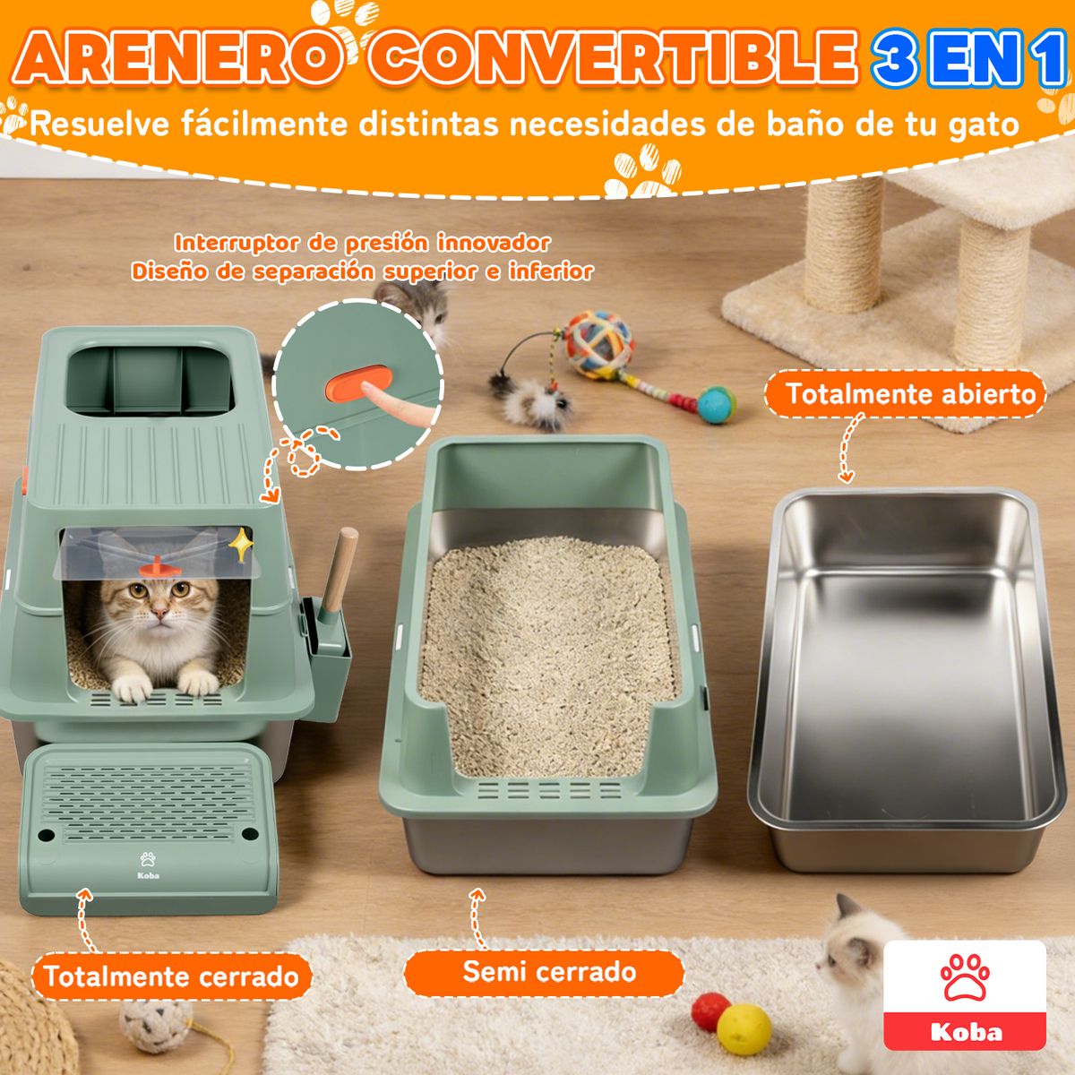 KOBA - Set Arenero Gato Extragrande Baño Sanitario Michi Acero Inox Verde