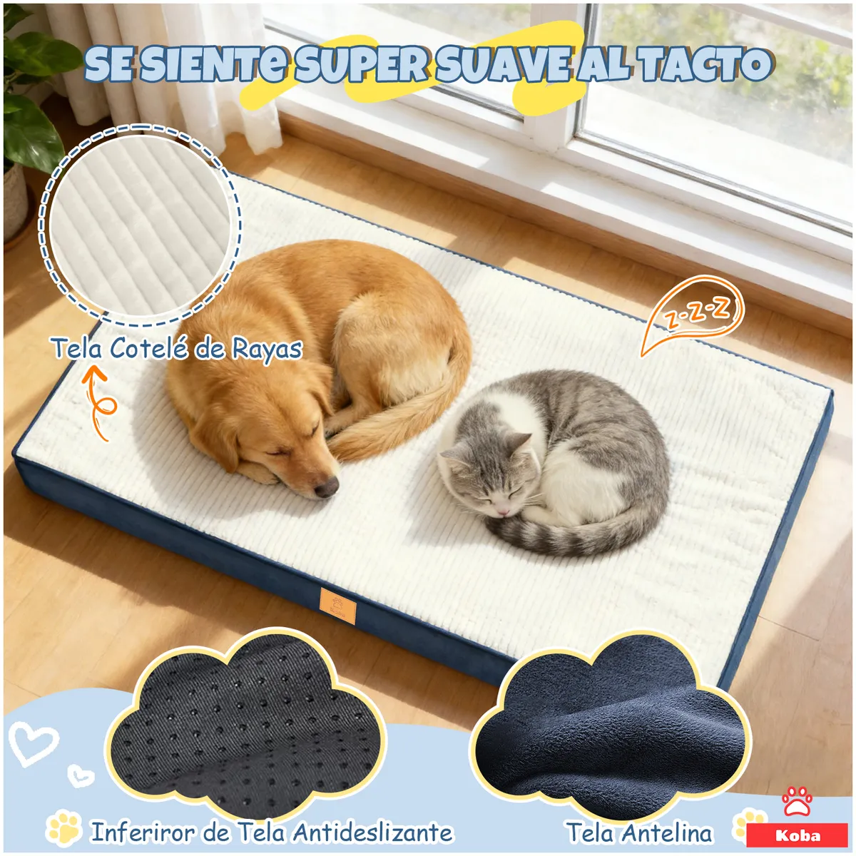 KOBA - Cama Antiestrés Extra Grande Para Perros Con Colchón Ortopedico 120x80cm Color Azul Con Crema