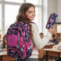 UTILISIMO - Mochila Escolar Con Estuche 43 cm Tela Oxford Impermeable Pink flowers Niña