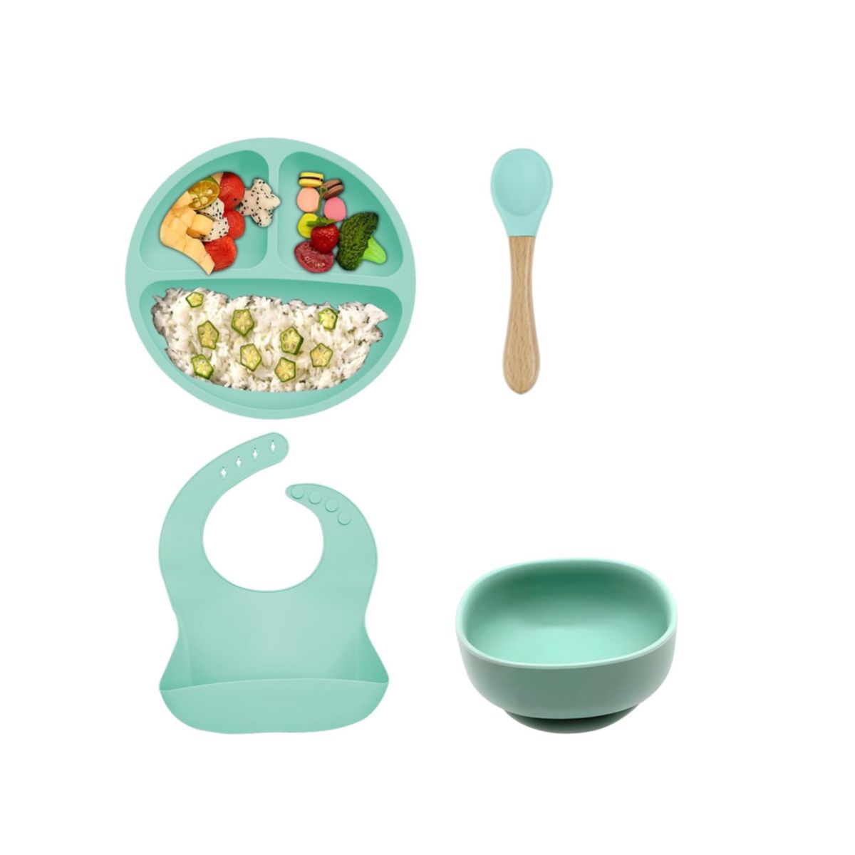 GENERICO - Set De Alimentación 4 Pzs Para Bebe Silicona Anti-deslizante Celeste