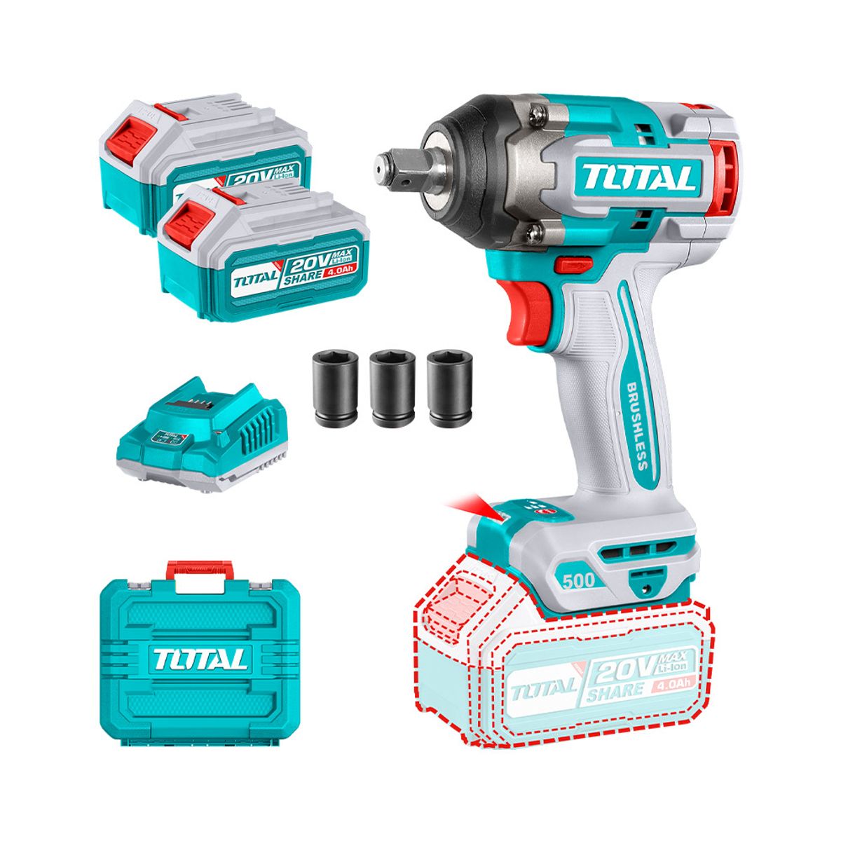 TOTAL TOOLS - Llave de Impacto 500Nm + Batería y Cargador Total