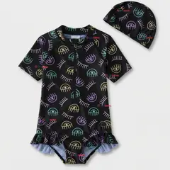 JUMP KIDS - Traje de Baño Enterito Cremallera Manga Corta Con Gorro Niña 1 a 6 años Black