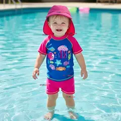 JUMP KIDS - Traje De Baño Manga Corta Pantalón Con Gorro 3 Piezas Bebé Niña Marine Adventure