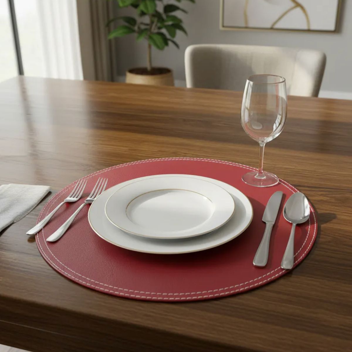 DORAL - Set 4 Individuales Redondo Ecocuero 42x32cm Rojo