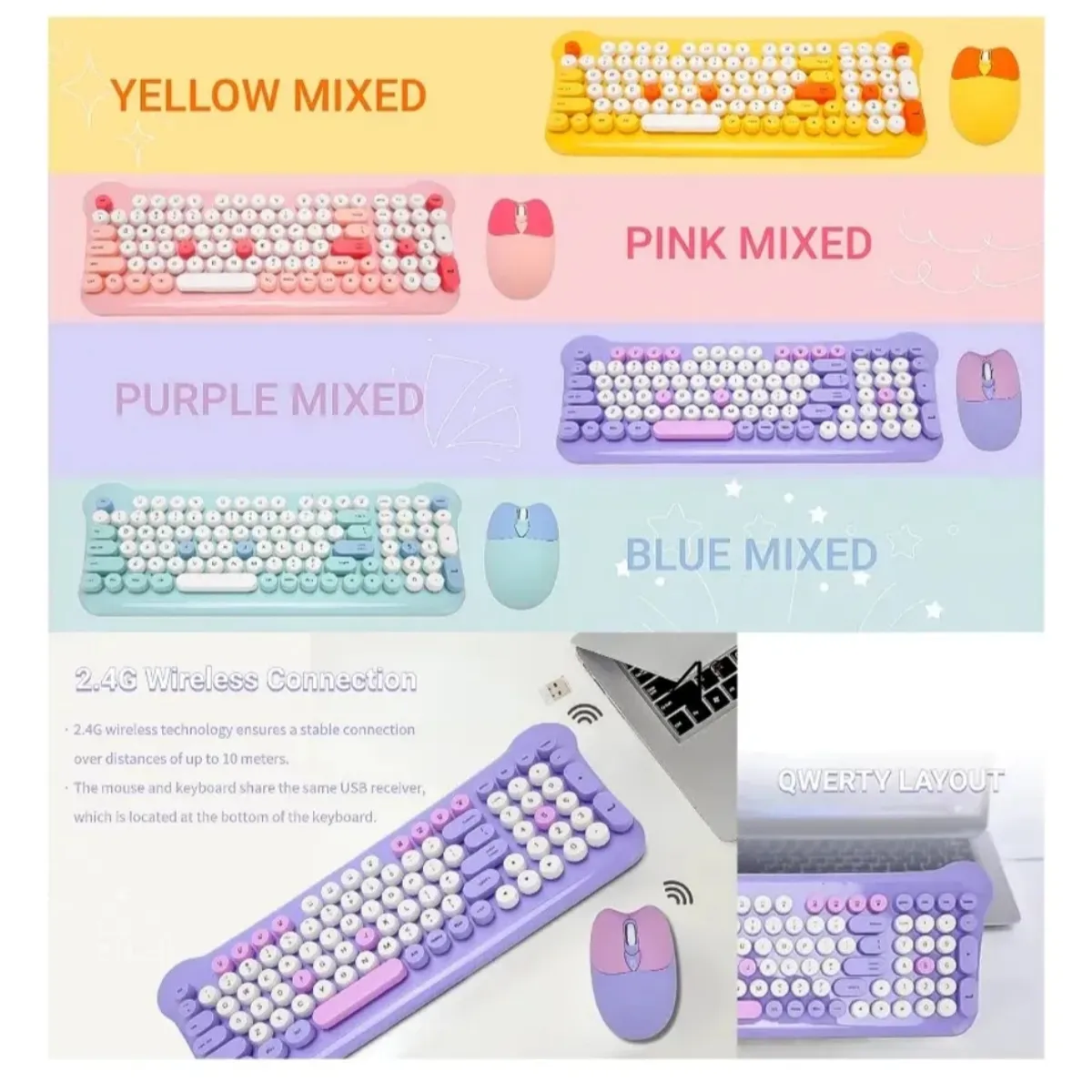 GENERICO - Kit Teclado Mouse Inalámbrico Gato Gatito Kawaii Con Ñ - color morado