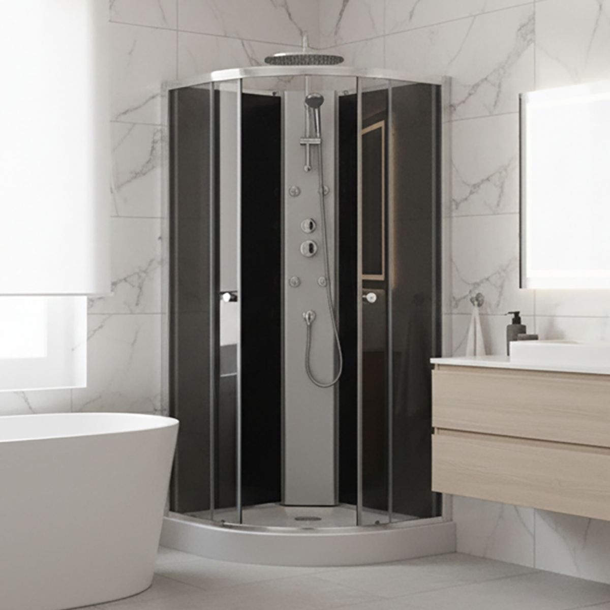 DOER - Cabina de Ducha Neptuno Black 90x90x205cm, diseño curvo