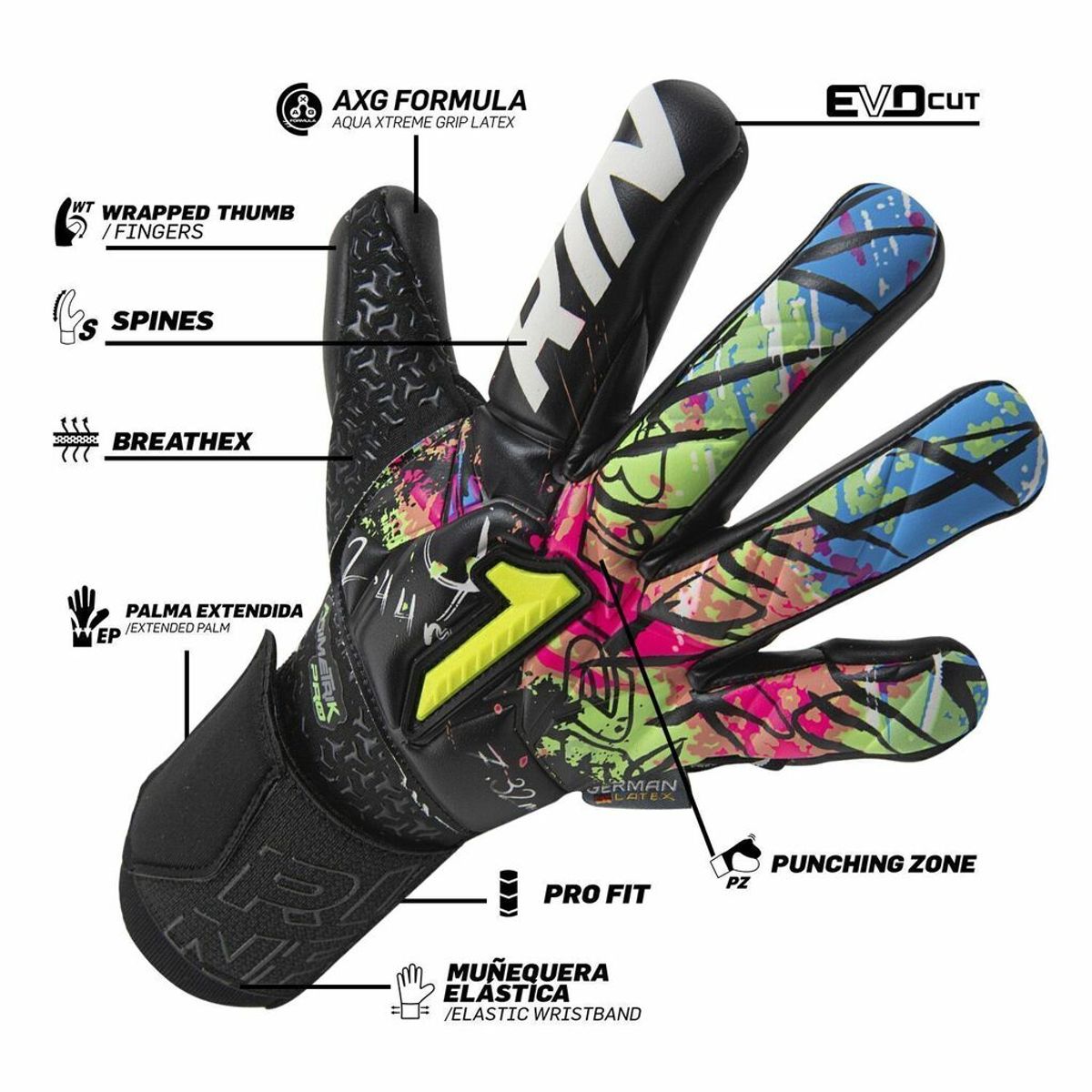RINNAI - Guantes de Arquero Rinat Asimetrik Pro Con 4 ferulas Removibles