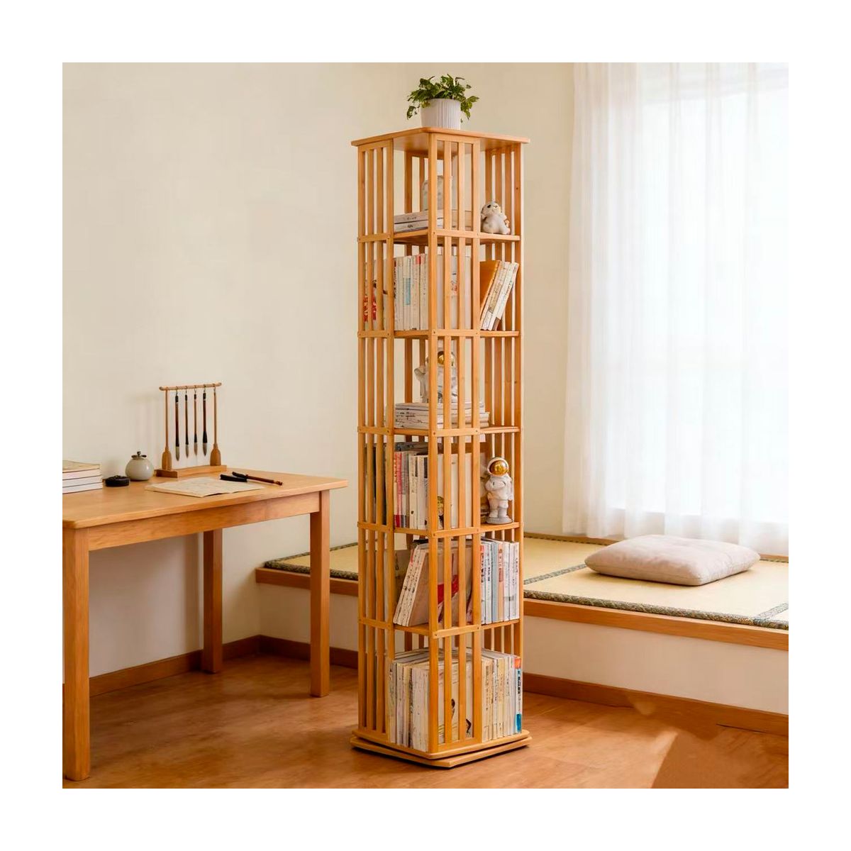 IDEEHOUSE - Librero Giratorio 360 De Bambú Con Estantes 37x37x178cm Bambú