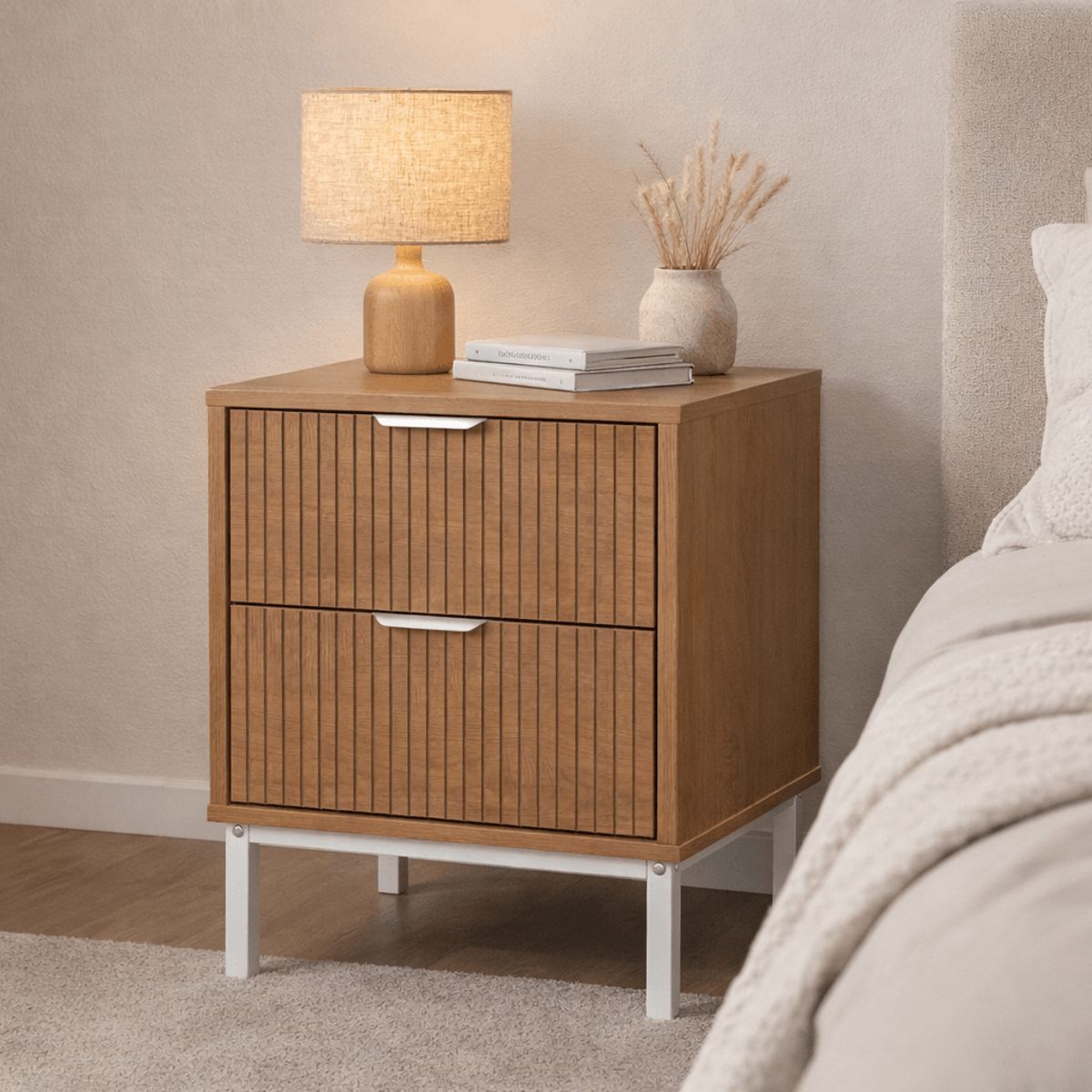 SPACE HOME - Velador Moderno FANTY 2 Cajones Estilo Nórdico con Patas Metal