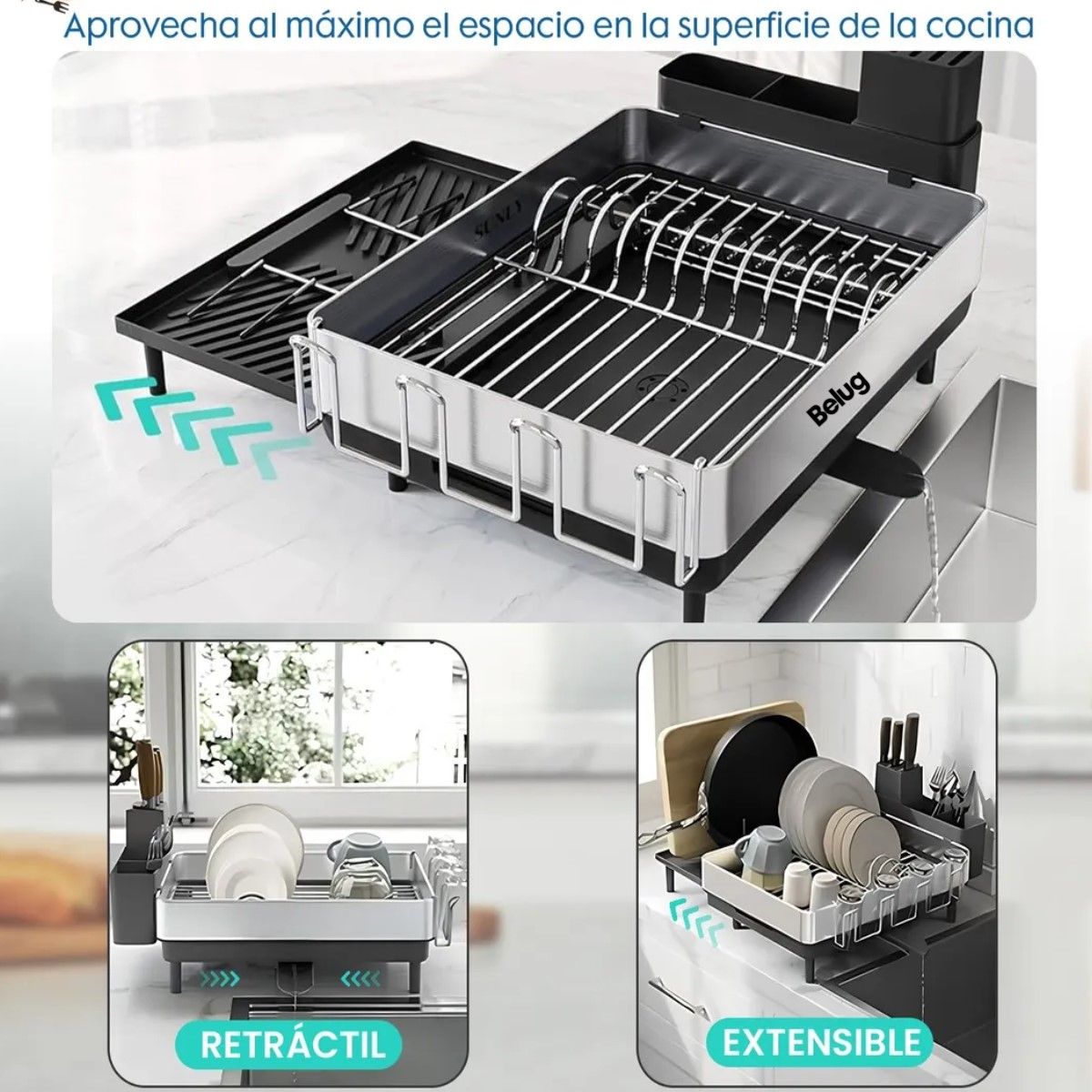 GENERICO - Secaplatos Escurridor Secador De Loza Extendible Acero Inox Negro BELUG