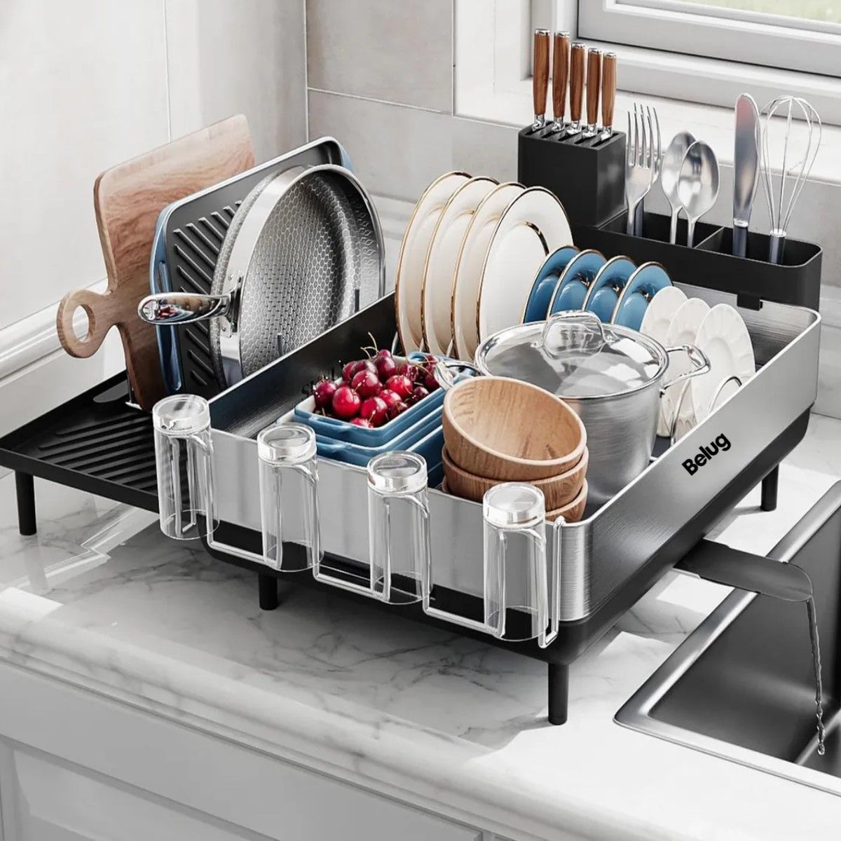 GENERICO - Secaplatos Escurridor Secador De Loza Extendible Acero Inox Negro BELUG