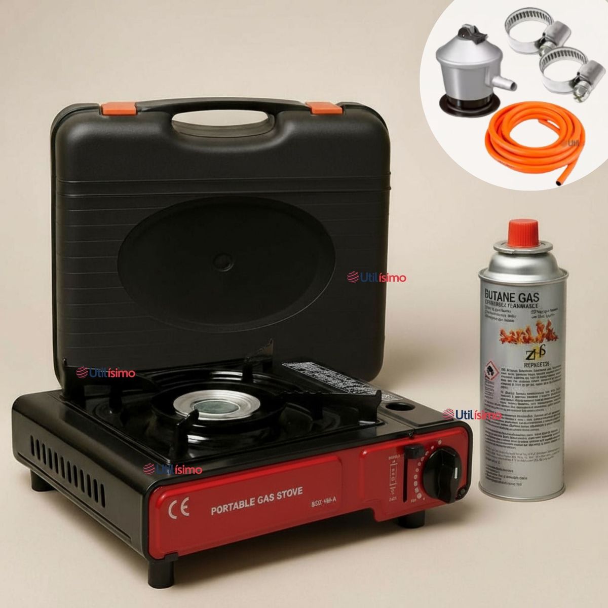 LINE - Cocina Portátil Cocinilla Camping + Kit de Instalación y Lata de Gas