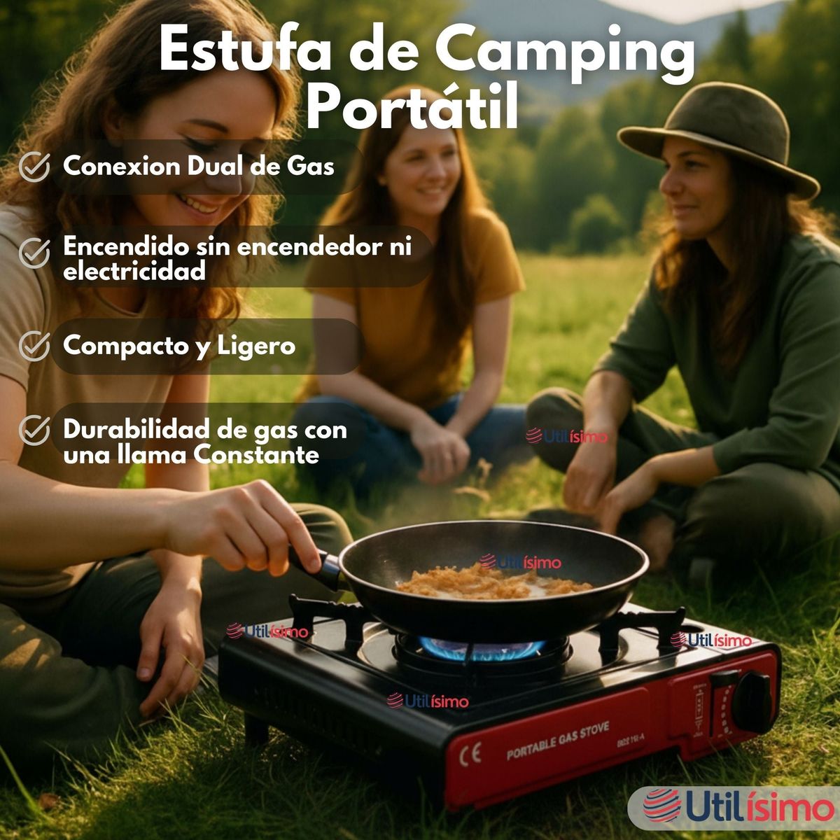 LINE - Cocina Portátil Cocinilla Camping + Kit de Instalación y Lata de Gas