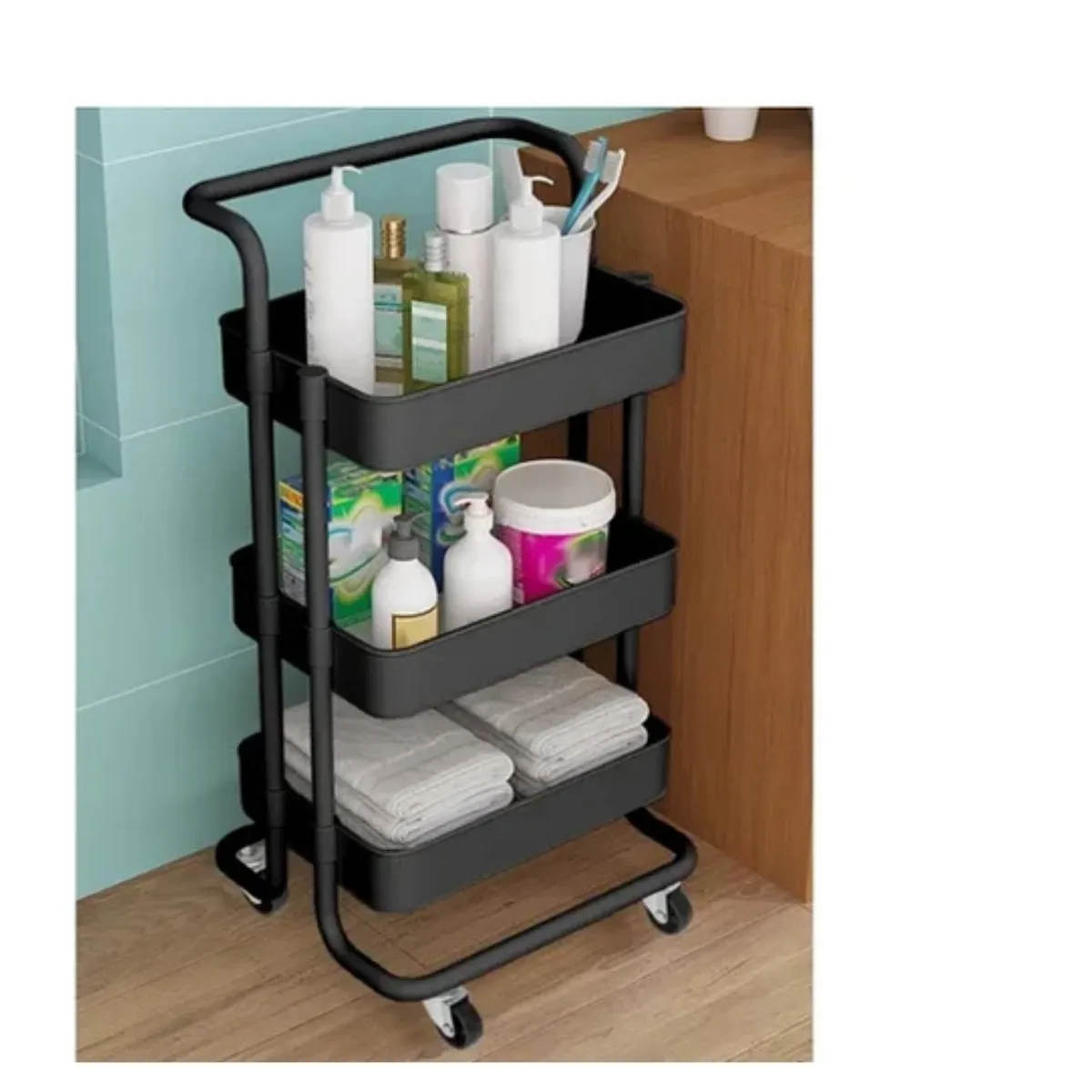 GENERICO - Carrito Organizador Carro Con Ruedas Asa Estante 3 Niveles NEGRO