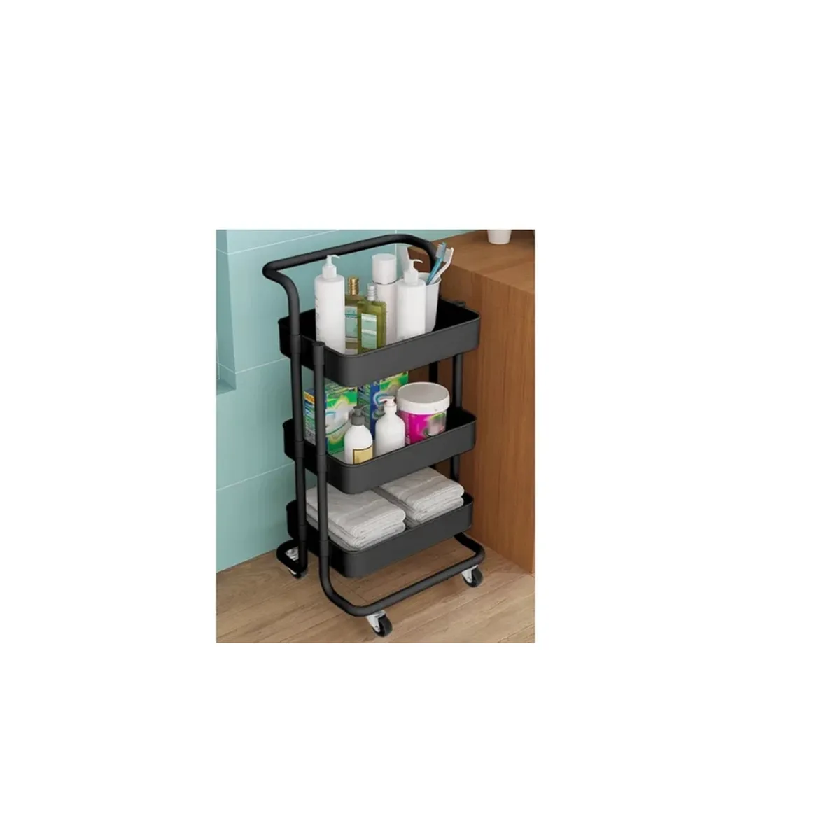 GENERICO - Carrito Organizador Carro Con Ruedas Asa Estante 3 Niveles NEGRO