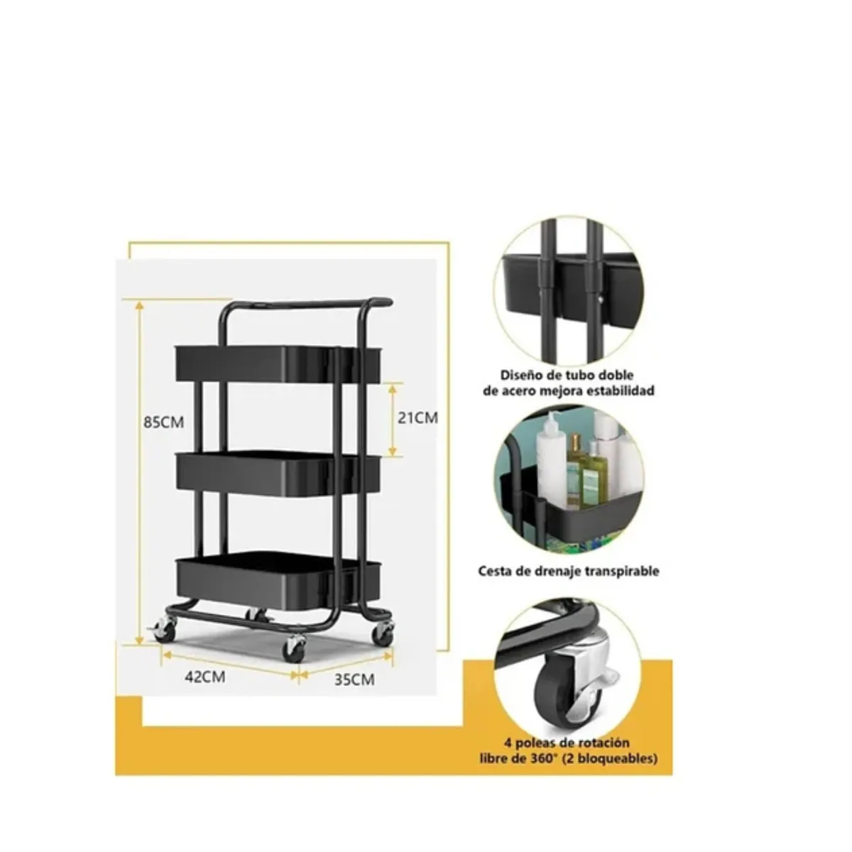 GENERICO - Carrito Organizador Carro Con Ruedas Asa Estante 3 Niveles NEGRO