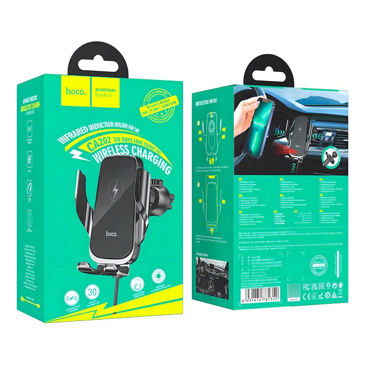 HOCO - Soporte De Auto Carga Inalambrica Para iPhone y Android Smartphone