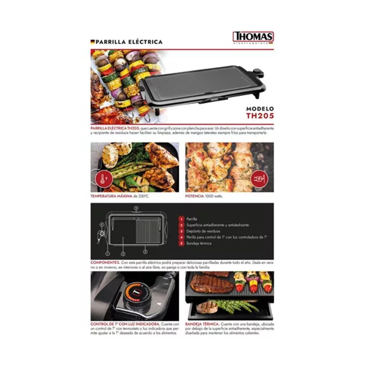 THOMAS - PARRILLA ELECTRICA 2000W  THOMAS TH-205