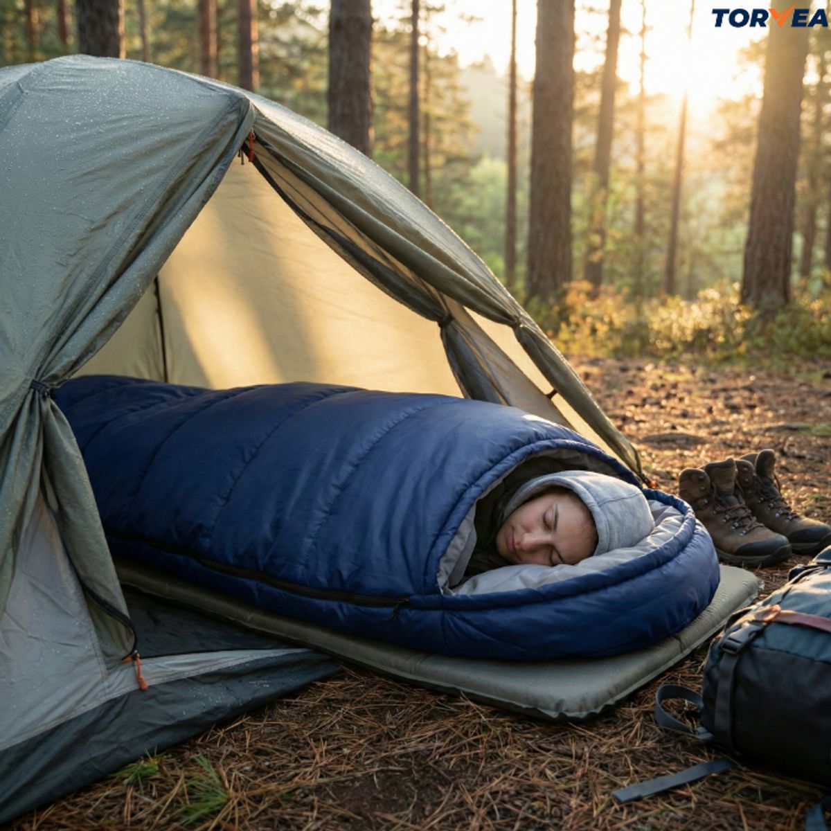 GENERICO - Saco De Dormir Con Gorro Camping Térmico 950g Trekking Viaje Azul Oscuro Lateral