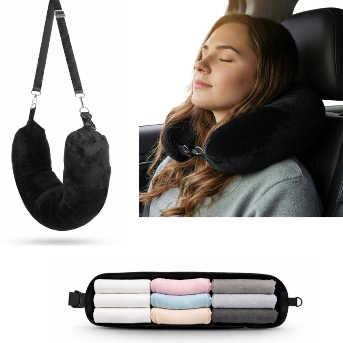 GENERICO - Almohada Cuello Rellenable Viaje Portátil Almohada Viaje Negro Liso