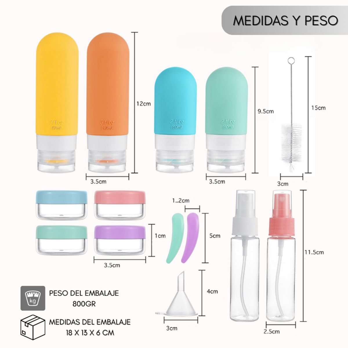 GENERICO - Set Botella De Viaje Dispensadora 10 Contenedores Accesorios