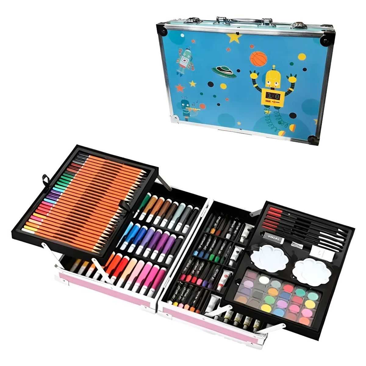 GENERICO - Kit Dibujo Niño 145 Piezas En Maleta Aluminio Doble Piso