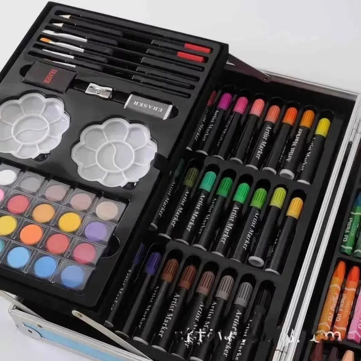 GENERICO - Kit Dibujo Niño 145 Piezas En Maleta Aluminio Doble Piso Rosa