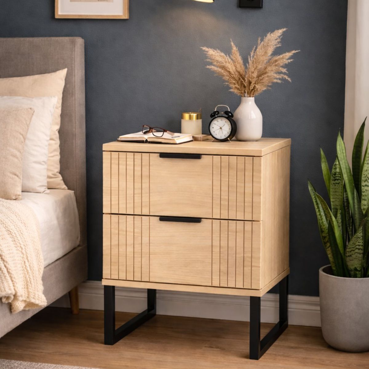 SPACE HOME - Mesa de noche Velador Moderno Veluxa 2 Cajones Patas Metal Negras