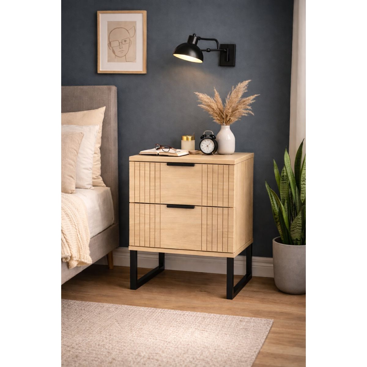 SPACE HOME - Mesa de noche Velador Moderno Veluxa 2 Cajones Patas Metal Negras