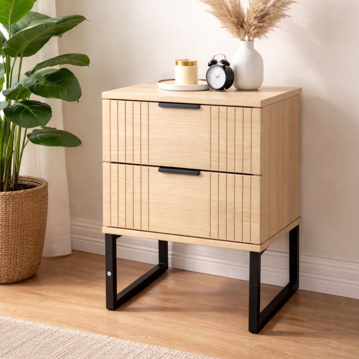 SPACE HOME - Mesa de noche Velador Moderno Veluxa 2 Cajones Patas Metal Negras