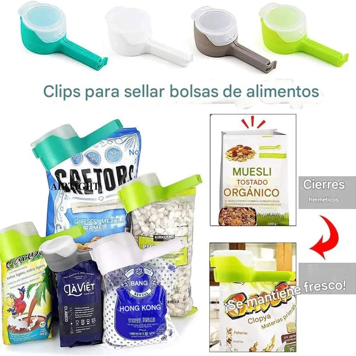 GENERICO - Clips Pinza Sellado Bolsa Cereales Boquilla Alimentos Comida Gatos Mascotas Boquilla Abre Facil