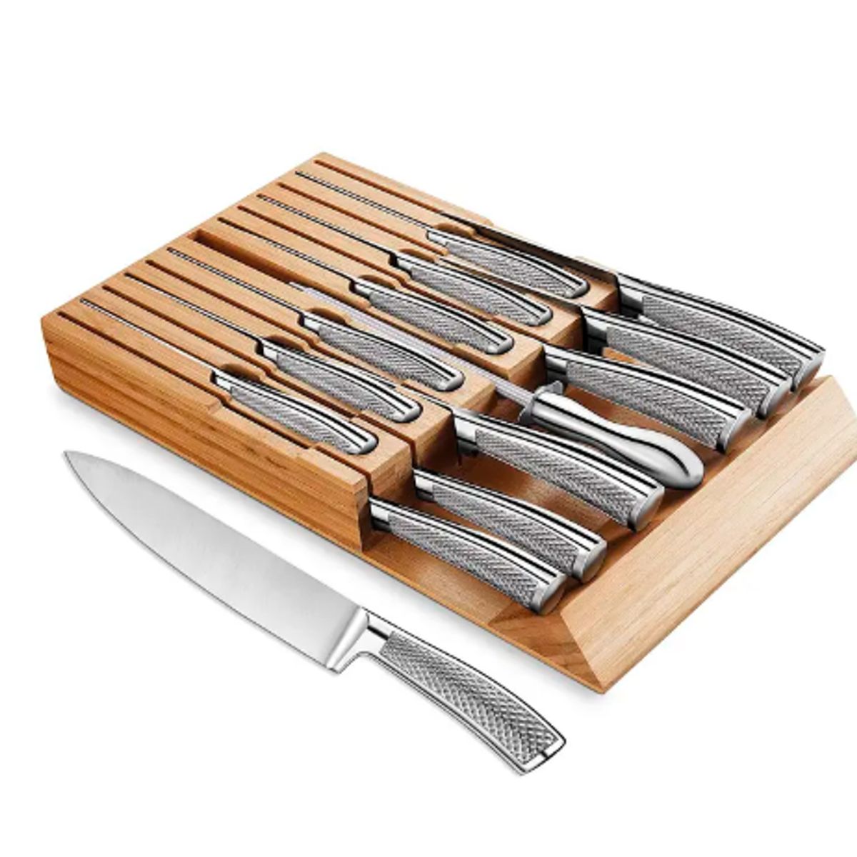 GENERICO - Set Cuchillos Cocina 14 Pzs Bloque Madera Mango Acero
