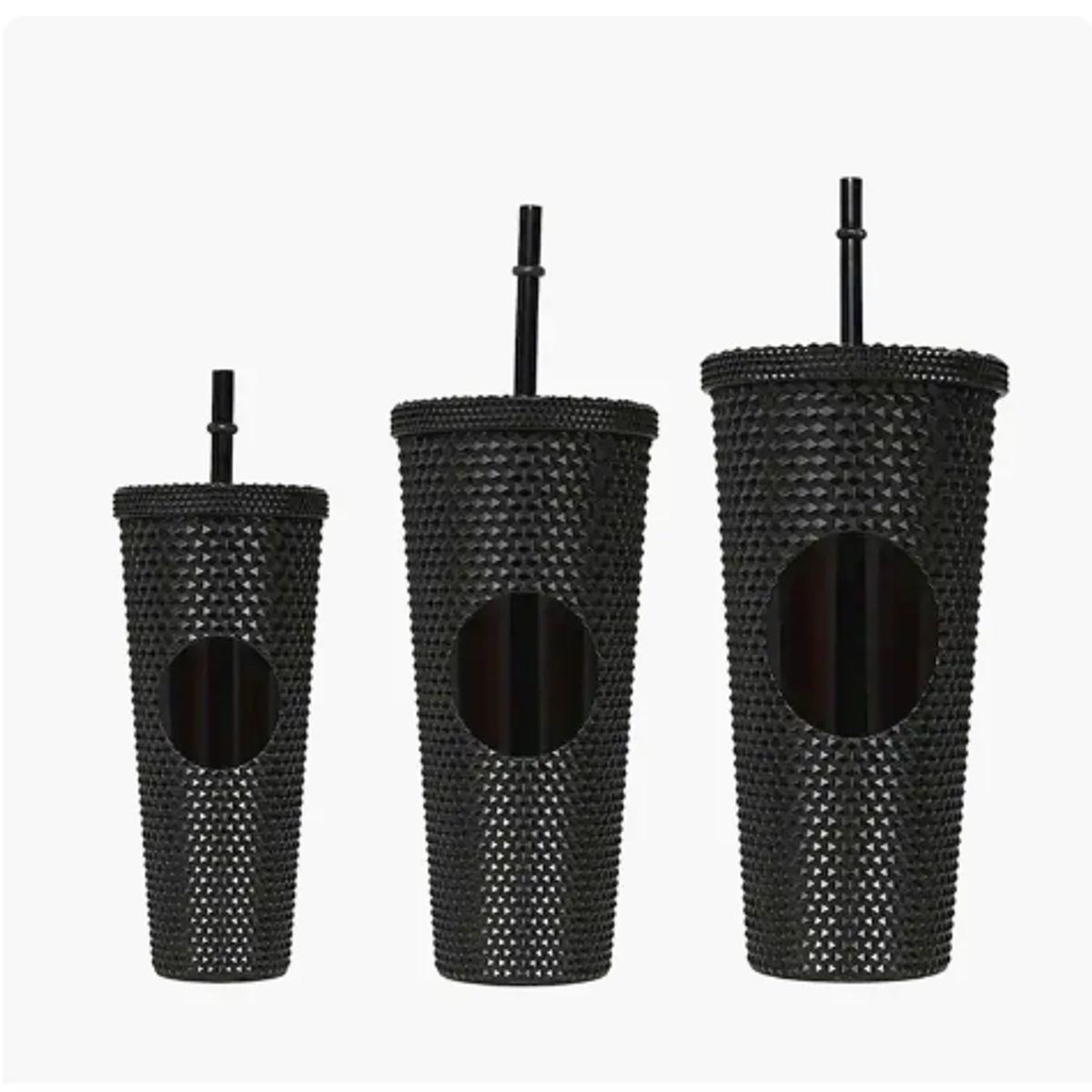 GENERICO - Pack 3 Vasos Tapa Bombilla Textura Diamante Reutilizables Color Negro
