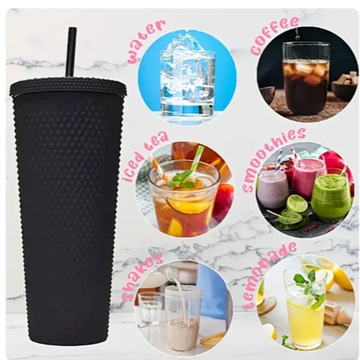 GENERICO - Pack 3 Vasos Tapa Bombilla Textura Diamante Reutilizables Color Negro