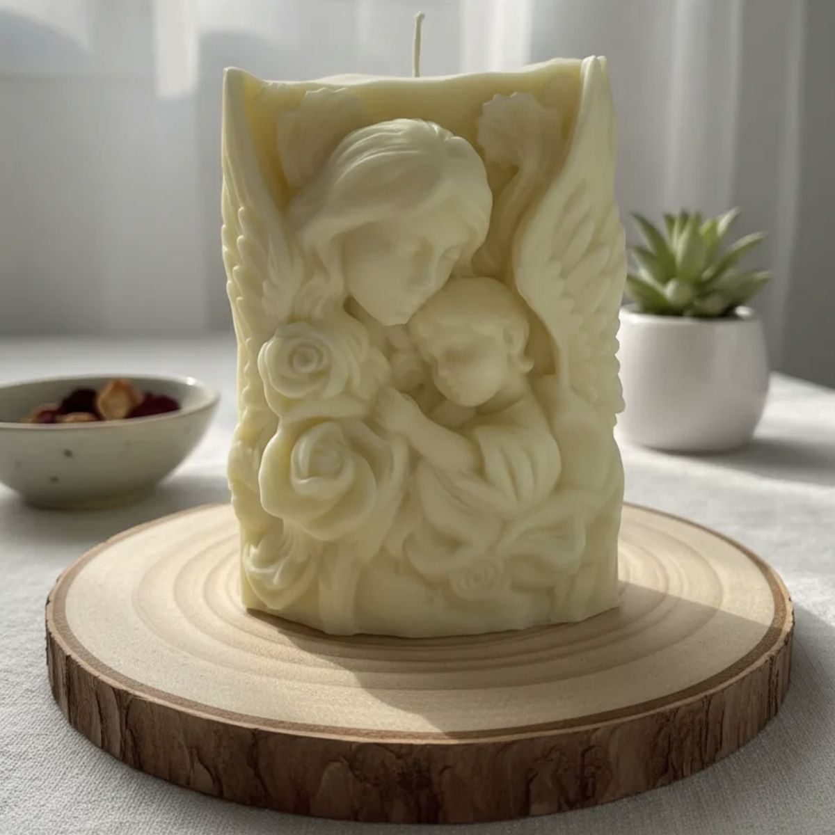 HAOKIDS - Vela Ángel protector con niño(a) en su regazo 10 cm en cera de soja color Marfil
