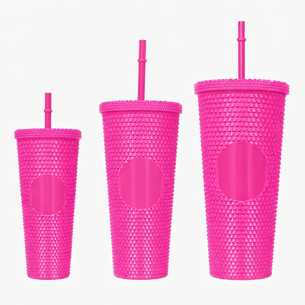 GENERICO - Pack 3 Vasos Tapa Bombilla Textura Diamante Reutilizables Color Fucsia