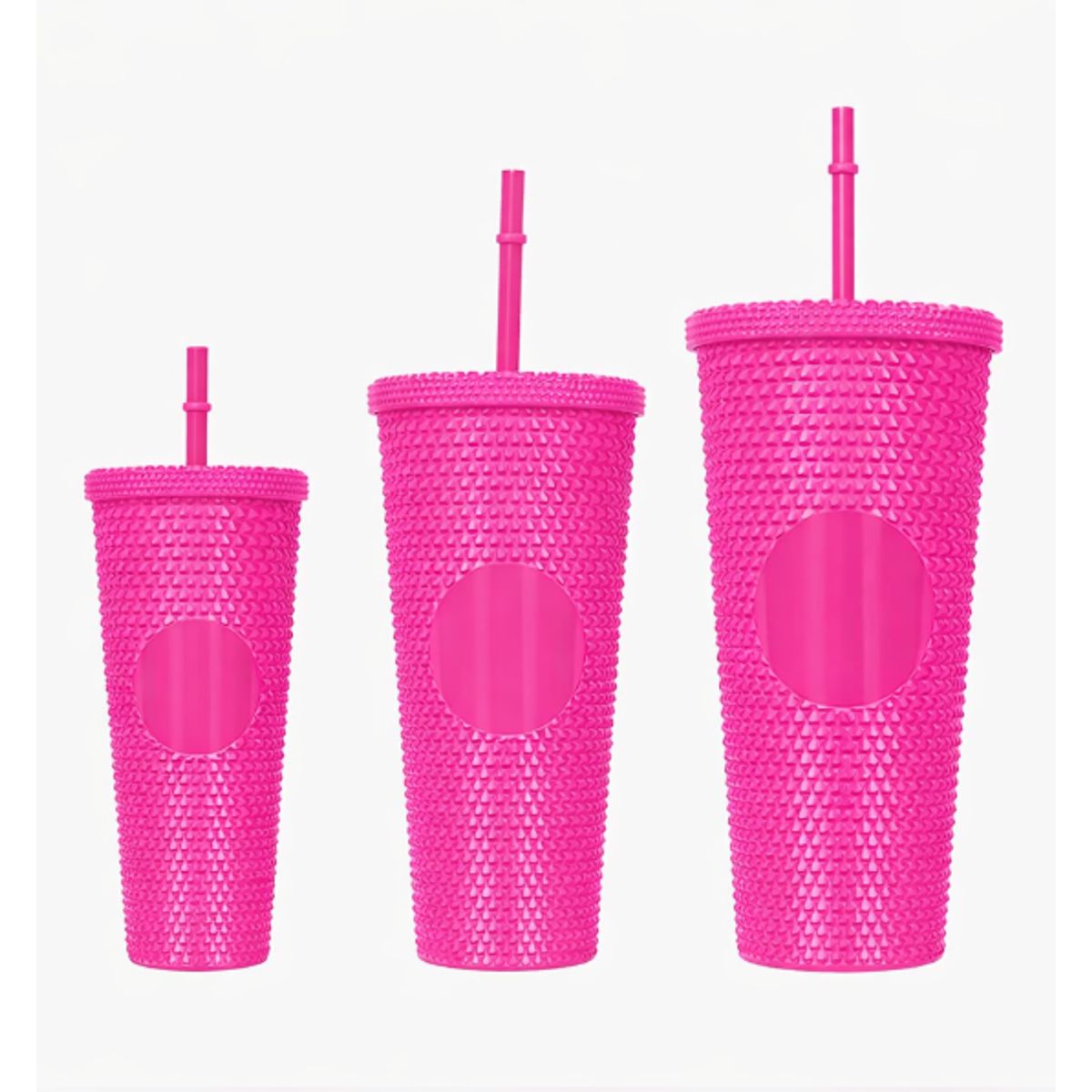 GENERICO - Pack 3 Vasos Tapa Bombilla Textura Diamante Reutilizables Color Fucsia