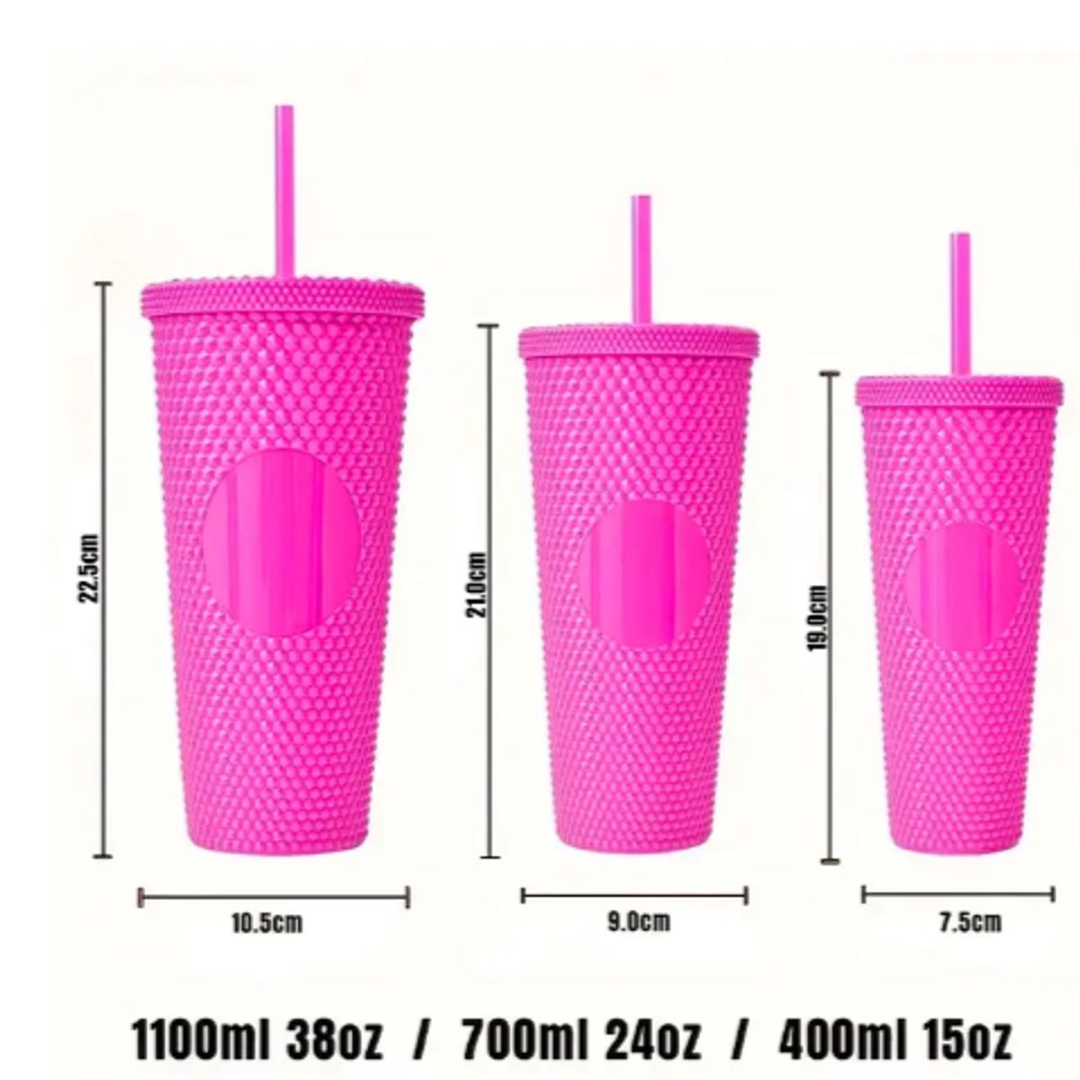 GENERICO - Pack 3 Vasos Tapa Bombilla Textura Diamante Reutilizables Color Fucsia