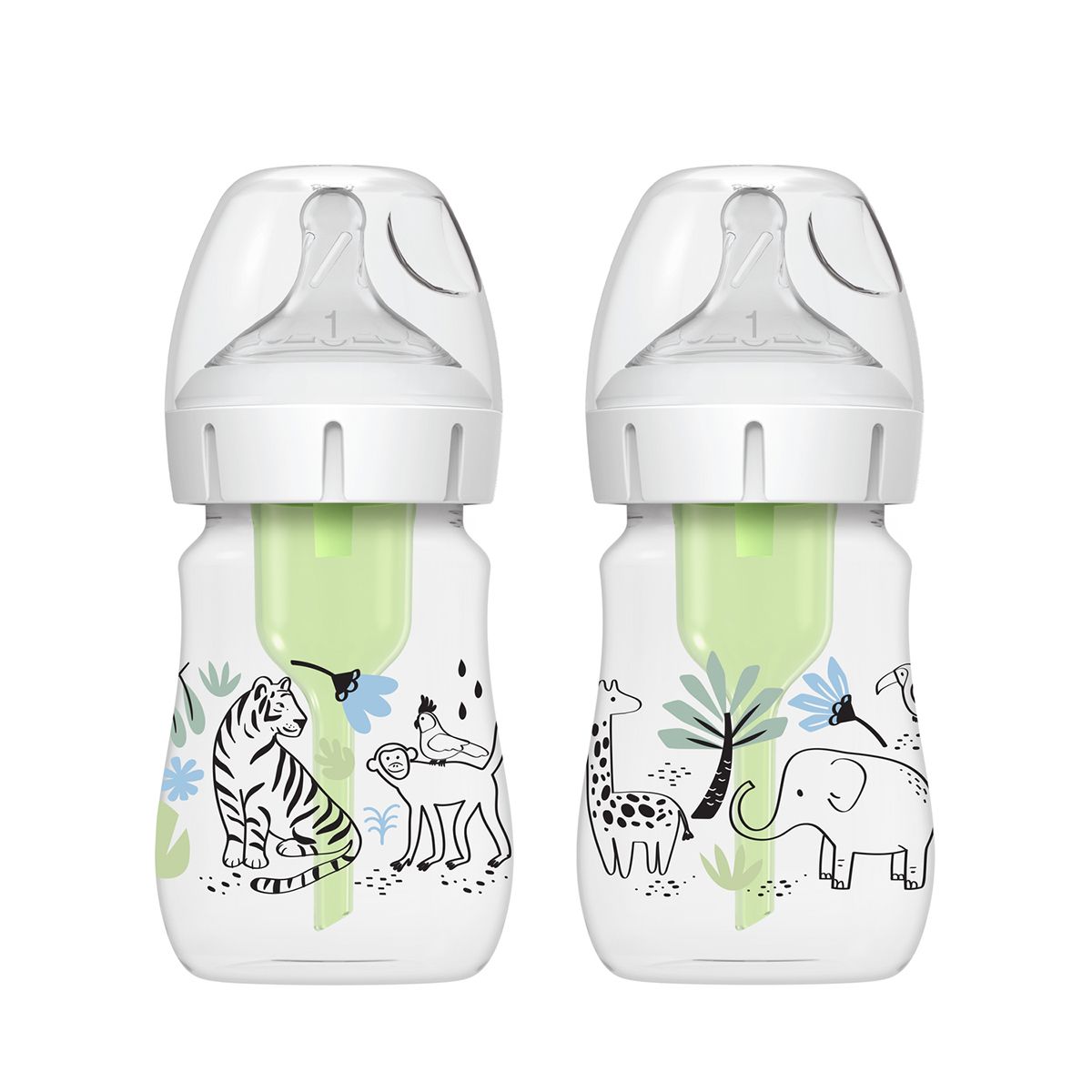DR BROWN'S - Pack 2 Mamaderas Dr. Brown's Anticólicos Boca Ancha 150ml Diseño Jungla