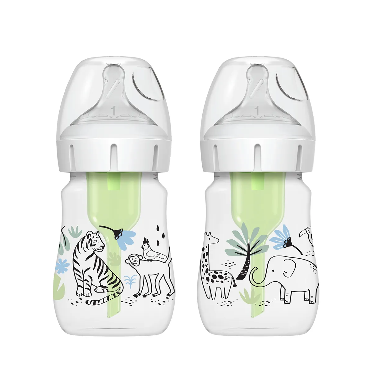 DR BROWN'S - Pack 2 Mamaderas Dr. Brown's Anticólicos Boca Ancha 150ml Diseño Jungla
