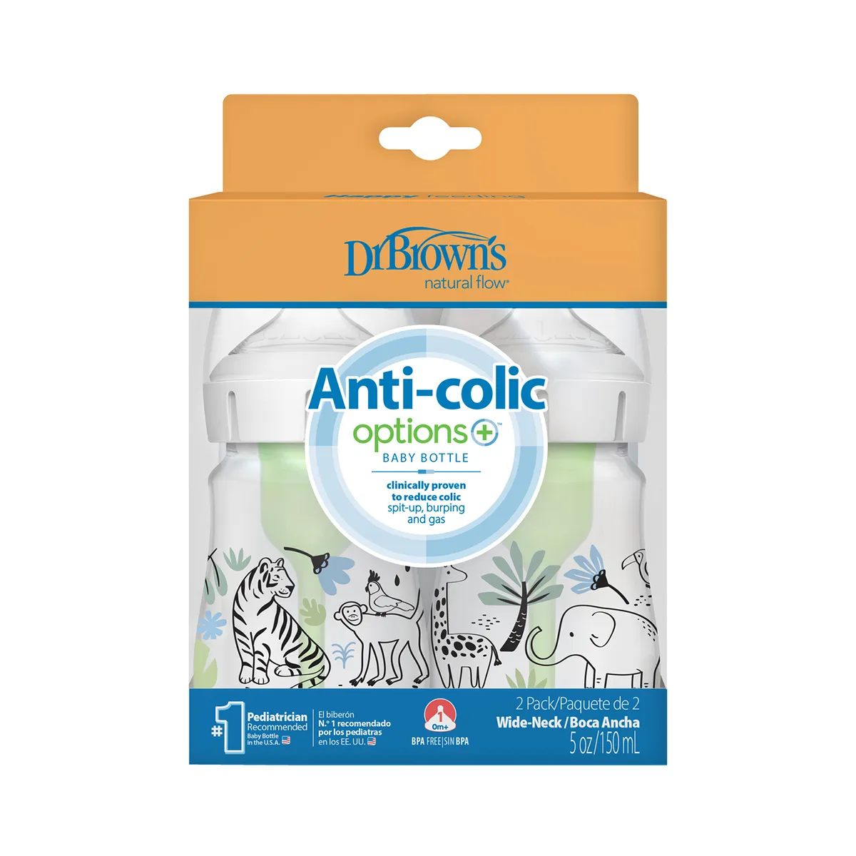 DR BROWN'S - Pack 2 Mamaderas Dr. Brown's Anticólicos Boca Ancha 150ml Diseño Jungla